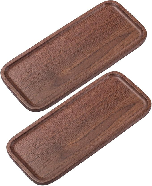 Wood Serving Tray, Small Trays for Storage, Rectangle Wooden Plates for Serving Food, Tea and Coffee, Decorative Vanity Tray for Bathroom, Tray for Kitchen Counter(Set of 2, Walnut)