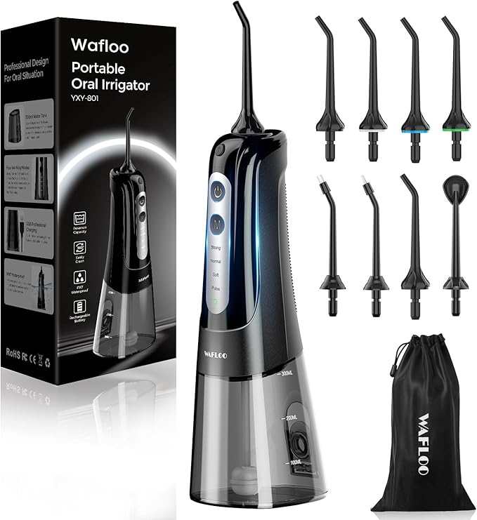 Cordless Water Dental Flosser for Teeth, with 8 Jet Tips, 300ML Tank Oral Irrigator Portable with 4 Modes IPX7 Waterproof Rechargeable Water Floss for Home Travel, Adults Teeth Cleaning (Black)