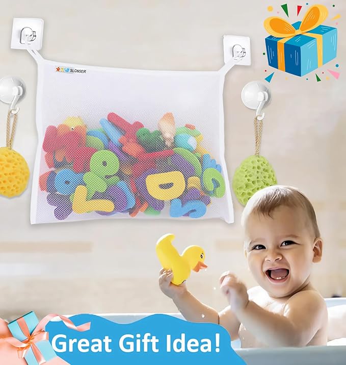 Bath Toy Net 18x16 Inch Kids Bath Tub Toy Holder, Corner Mesh Bag, Baby Bathtub Storage Organizer, Large Bathroom Bucket Bin, Toddler Shower Caddy Hanging Basket, 2 Suction Cups 2 Adhesive Wall Hooks