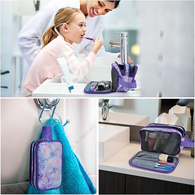 Kids Toiletry Bag for Girls, Travel Toiletry Bag for Teen Girls Cosmetic Bag Makeup Bag Waterproof Hanging Wash Bag Toiletries, Tie Dye Purple
