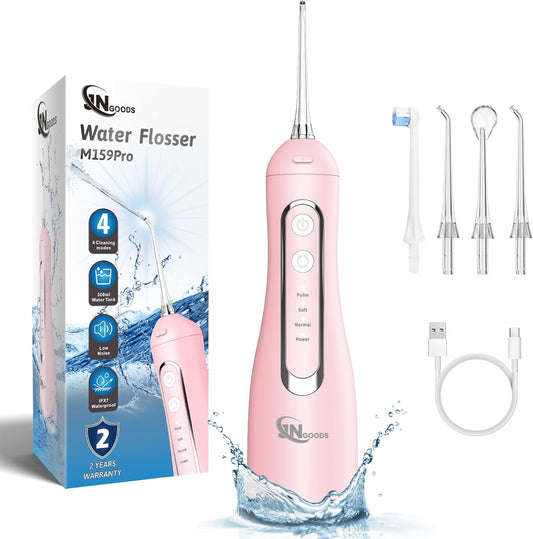 Cordless Water Dental Flosser Oral irrigator,JNGOODS 300ml Rechargeable Water flosser for Teeth IPX7 Waterproof 4 Modes Portable Oral Irrigator with 4 Jet Tips, Travel Home use (Pink)