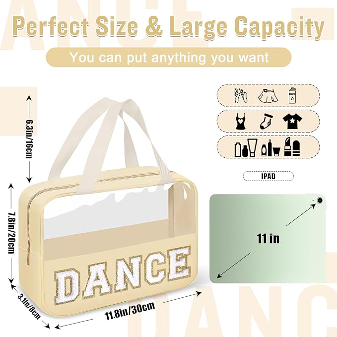 Dance Bag for Girls Chenille Letter Clear Makeup DANCE Stuff Bag,Toddler Dance Recital Gifts Ballet Cosmetic Zipper Pouch with Handle,Dance Competition Accessories Toiletry Storage Bag(DANCE-Beige)