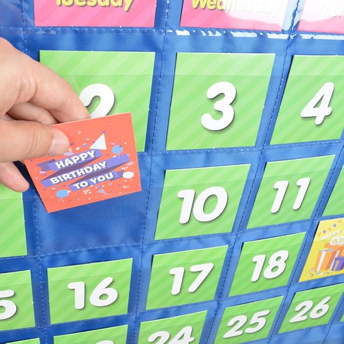 EAMAY Classroom Monthly Calendar Pocket Chart with 71 Cards for Kids Learning for Home,Blue