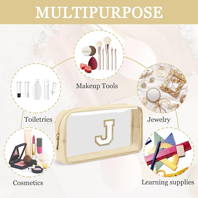 Small Clear Personalized Initial Makeup Bag,Nylon Preppy A-Z Chenille Letter Patch Cosmetic Pouch Beach Toiletry Bag,Waterproof Zipper Travel Purse Storage Bag Organizer for Women Girls(Beige-White J)