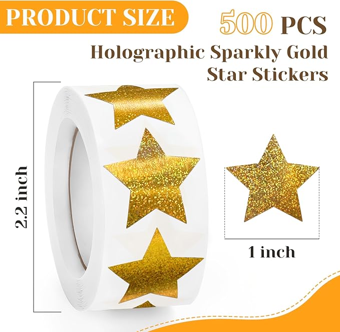 500 PCS Star Stickers, Self-Adhesive Metallic Glitter Foil Sparkly Star Stickers for Reward Behavior Chart Labels, Kids, Students, Teachers Supplies, Sparkly Gold, 1"
