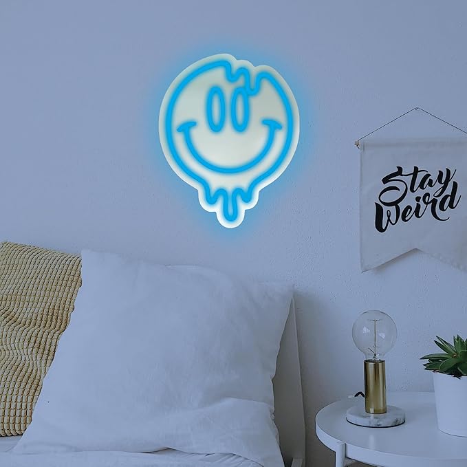 Smiley Face Neon Sign, LED Mirror Wall Light, Melting Smiley Face Decor for Girls, Cool Large Neon Sign for Room or Wall Decoration