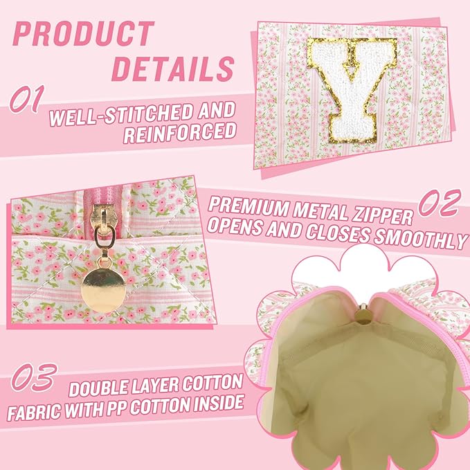 Personalized Quilted Cosmetic Bag, Puffy Monogrammed Christmas Birthday Gifts for Women & Girls, Cute initial Floral Makeup Bag Puffer Coquette Bag, Aesthetic Travel Toiletry Zipper Pouch(Pink,Y)