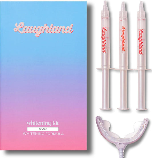 Laughland Gentle Teeth Whitening Kit, Phone-Powered LED Mouthpiece & 3 Whitening Gel Syringes, Sodium Bicarbonate, Aloe Vera & Mint, for Sensitive Teeth, at-Home Dental Care, 6+ Treatments