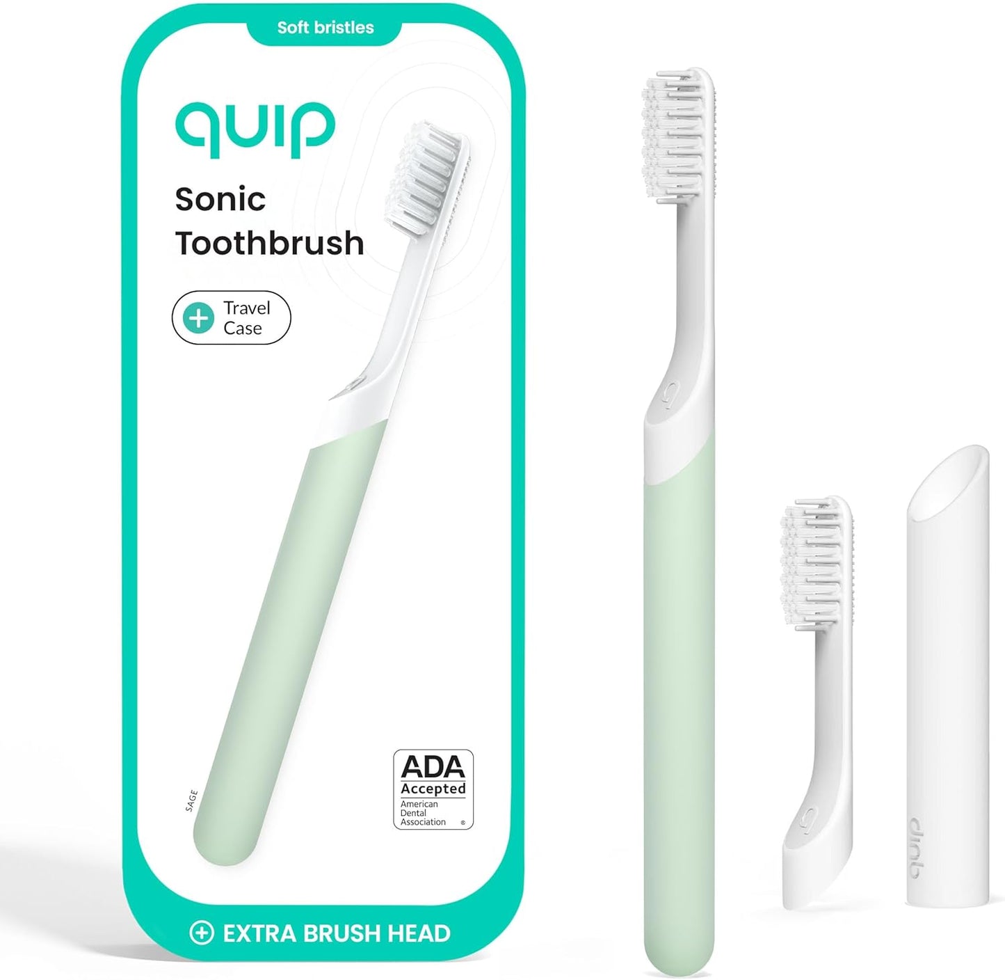 Quip Sonic Electric Toothbrush for Adults - Time Travel & Soft Bristles with Travel Case & Replacement Brush Head - 3 Month Battery Life, Plastic Handle - Sage Green