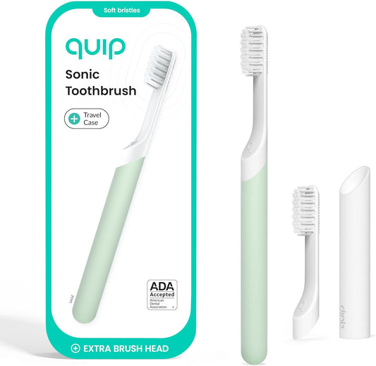 Quip Sonic Electric Toothbrush for Adults - Time Travel & Soft Bristles with Travel Case & Replacement Brush Head - 3 Month Battery Life, Plastic Handle - Sage Green