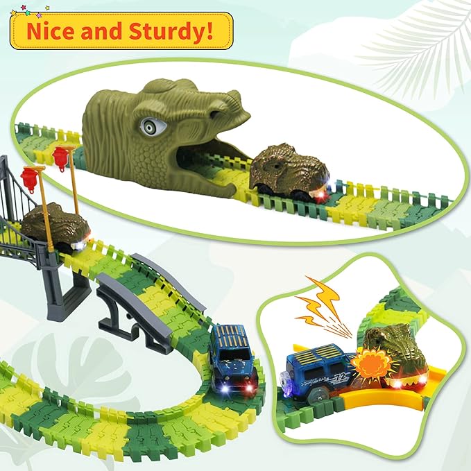 Dinosaur World Race Track Toys - 216pcs Flexible Track Playset with 1 Dinosaur Car, 1 Race Car, 6 Dino Toys, for Kids 3 4 5 6 Year & Up Old (Boys and Girls)
