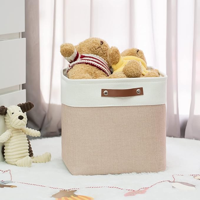 HNZIGE Cube Storage Baskets for Shelves Foldable Storage Baskets(3 Pack) Cube Storage Bin,13 Inch Storage Basket for Organizing with Leather Handles for Toys, Clothes, Kids, Closet (White&Beige)