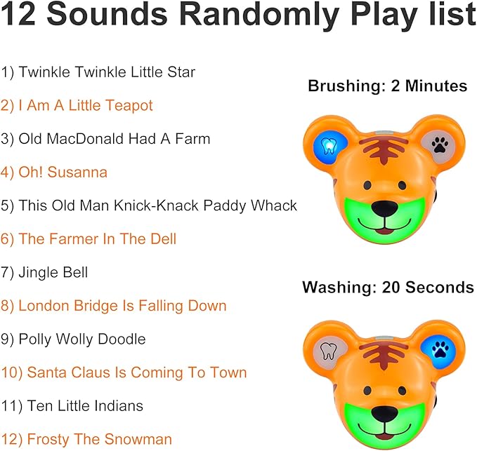 Musical Timer for Kids, Rechargeable Battery 2 Minute Toothbrush Timer and 20 Seconds Bathroom Hand Wash Timers with LED Color Light, 3 Volume Options Musical Timers for Children Tiger