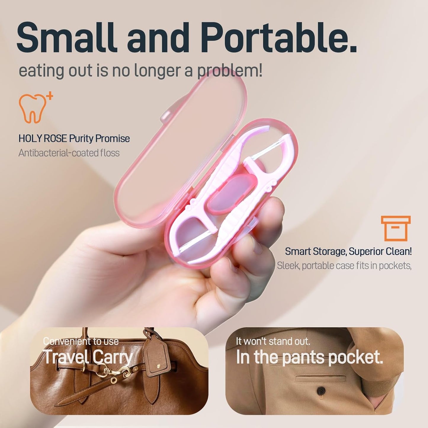 Holy Rose Pink Dental Floss Picks with Micro Travel Case - 5-Box Pack (10 Double String Flossers Each) - Easy Teeth Clean for Adults, Perfect for Home and On-The-Go Flossing