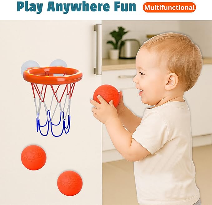 Bath Toys – Bathtub Basketball Hoop for Toddlers, Kids, Boys and Girls | 4 No-Hole Balls & Strong Suction Cups | Fun Basketball Bath Toy for Toddlers