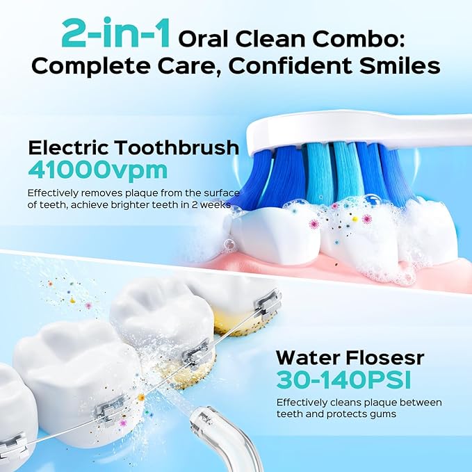 COSLUS Electric Toothbrush with Water Flosser Combo: Portable Oral Clean Kit for Teeth Brushing & Flossing, Multiple Modes for Multiple Users, Cordless for Home & Travel Use, Pink, C51C30