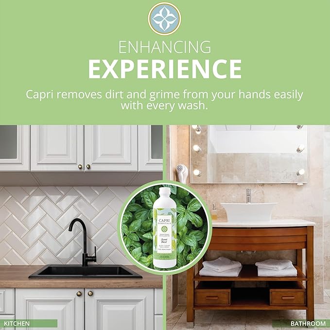 Capri Essentials Hand Soap Liquid, Natural Household Cleaning Supplies, Gentle Plant Based Aromatic Hand Wash with a Blend of Essential Oils, Removes Dirt & Grime, Sweet Basil Scent, 16 FL Oz (2 Pack)