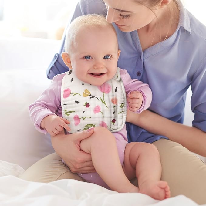 Zainpe 6Pcs Snap Muslin Cotton Baby Bibs Flower Pattern Infants Drooling Bib Soft Absorbent Adjustable Burp Cloths Feeding Cloth for Unisex Newborns Girls Boys Toddlers Teething Eating 0 to 36 Months