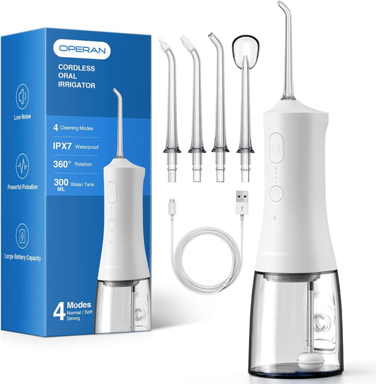 Operan Cordless Water Flossers for Teeth, 300ML Rechargeable Oral Irrigator with 4 Modes & 4 Nozzles, Portable Water Flossers for Adults, IPX7 Waterproof for Home and Travel, White，01Pack