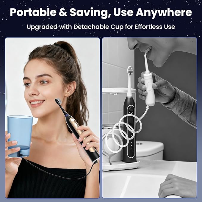 Electric Toothbrush with Water Flosser Combo- Wireless Charging Flossing Toothbrush- All in One Sonic Toothbrush with 3 Modes & 5 Flosses- Portable & Powerful Water Flosser for Teeth Cleaning,Travel