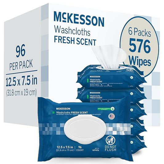 McKesson Washcloth Wipes for Adults, Scented (6 Pack, 576 Washcloths) Disposable Wash Cloths for Body - No-Rinse Formula with Snap Lid - Good for Incontinence and Elderly - 96 Wipes Per Pack