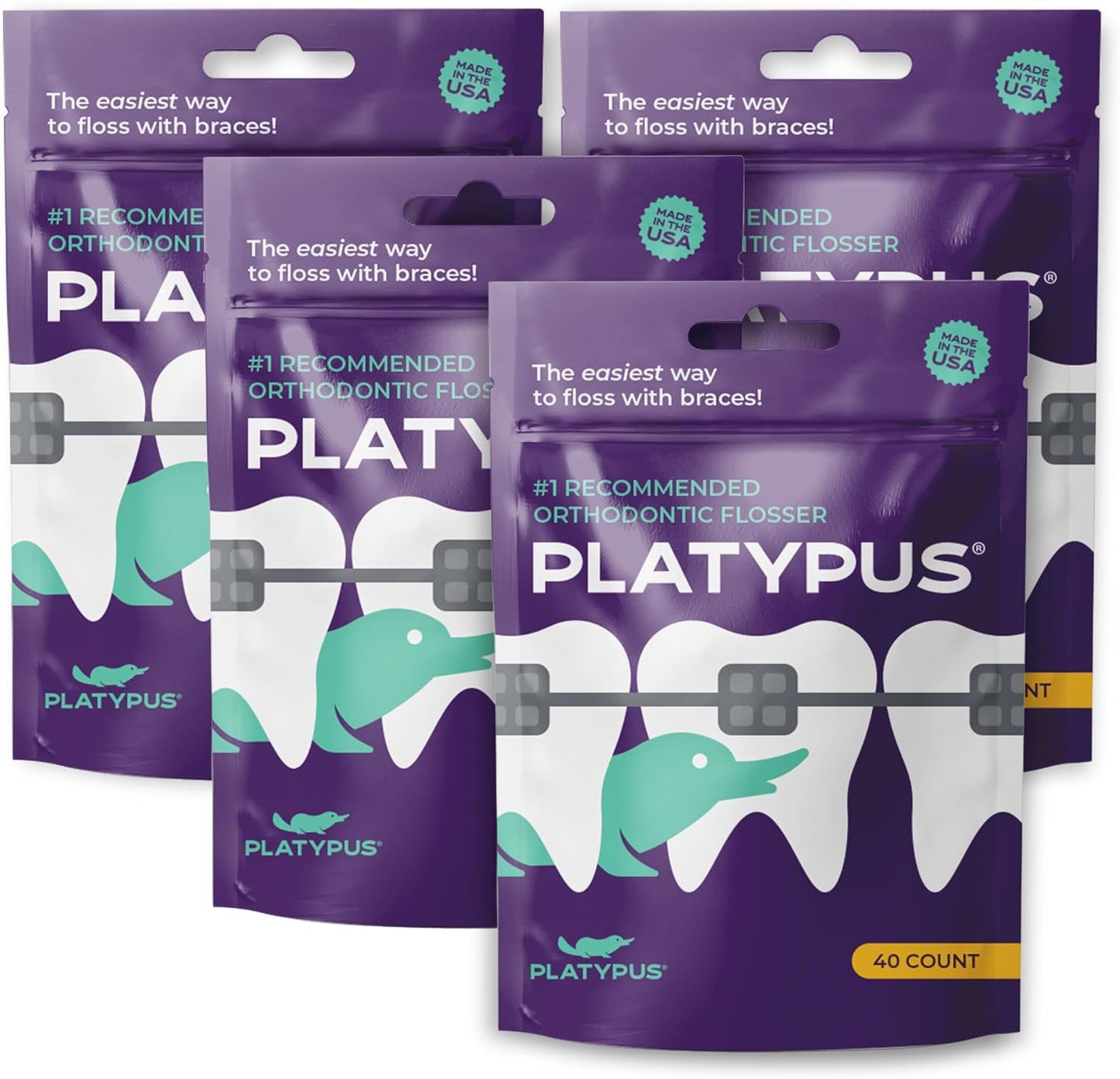 Platypus Orthodontic Flossers for Braces | Ortho Picks for Adults & Kids | Fits Under Arch Wire | Non-Damaging | Encourage Flossing Habits | Floss Teeth in Under Two Minutes (40 Count (Pack of 4))