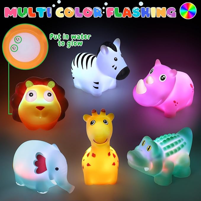 Light Up Bath Toys for Toddlers Kids Baby Boys Girls, No Hole Bath Toys with Bath Book & Organizer, Glow Bath Time Toys for Bathrooms Pool, Animals Bathtub Toys Gift for Toddlers Kids Baby Infants