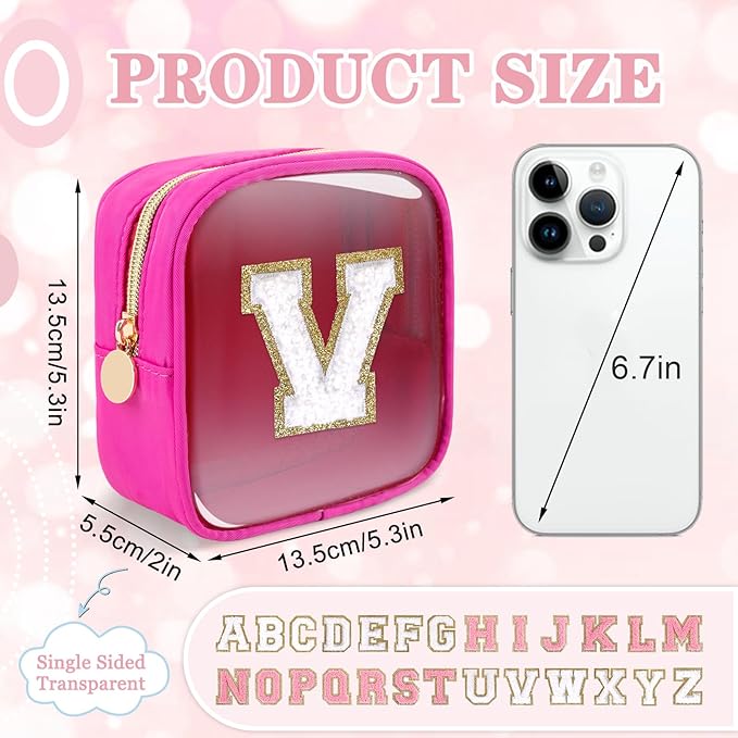 Mini Clear Personalized Initial Makeup Bag,Small Nylon Waterproof Zip Beach Cosmetic Pouch,Preppy A-Z Chenille Letter Patch Cute Coin Purse Travel Toiletry Bag Car Pack Bag for Women(Hot Pink-White V)