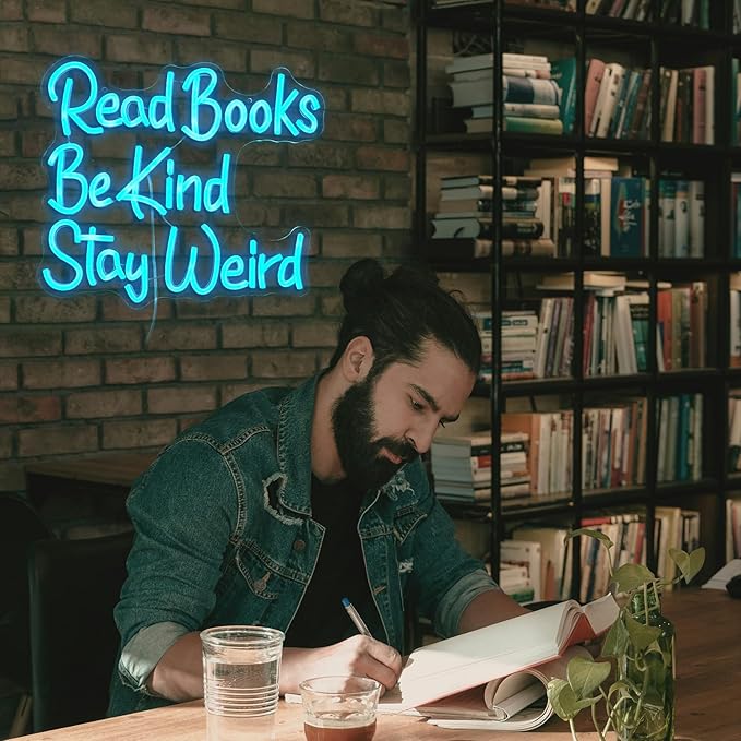 Read Books Be Kind Stay Weird Neon Sign Dimmable Ice Blue Read Books Led Neon Light for Wall Decor USB Powered Be Kind Light Up Sign for Classroom Study Room Bookstore Home Wall Decor