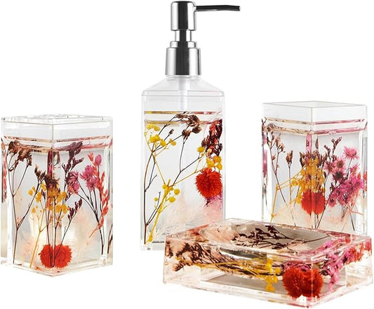 Locco Decor 4 Piece Acrylic Liquid 4D Floating Motion Bathroom Vanity Accessory Set Garden Botanic Pink Plants Toothbrush Holder, Tumbler, Soap Dispenser, Soap Dish