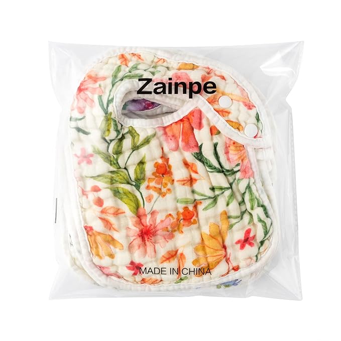 Zainpe 6Pcs Snap Muslin Cotton Baby Bibs Flowers Pattern Infants Feeding Bib Adjustable Machine Washable Girls Burp Cloths Unisex Drool Cloth with 6 Absorbent & Soft Layers for Eating and Teething
