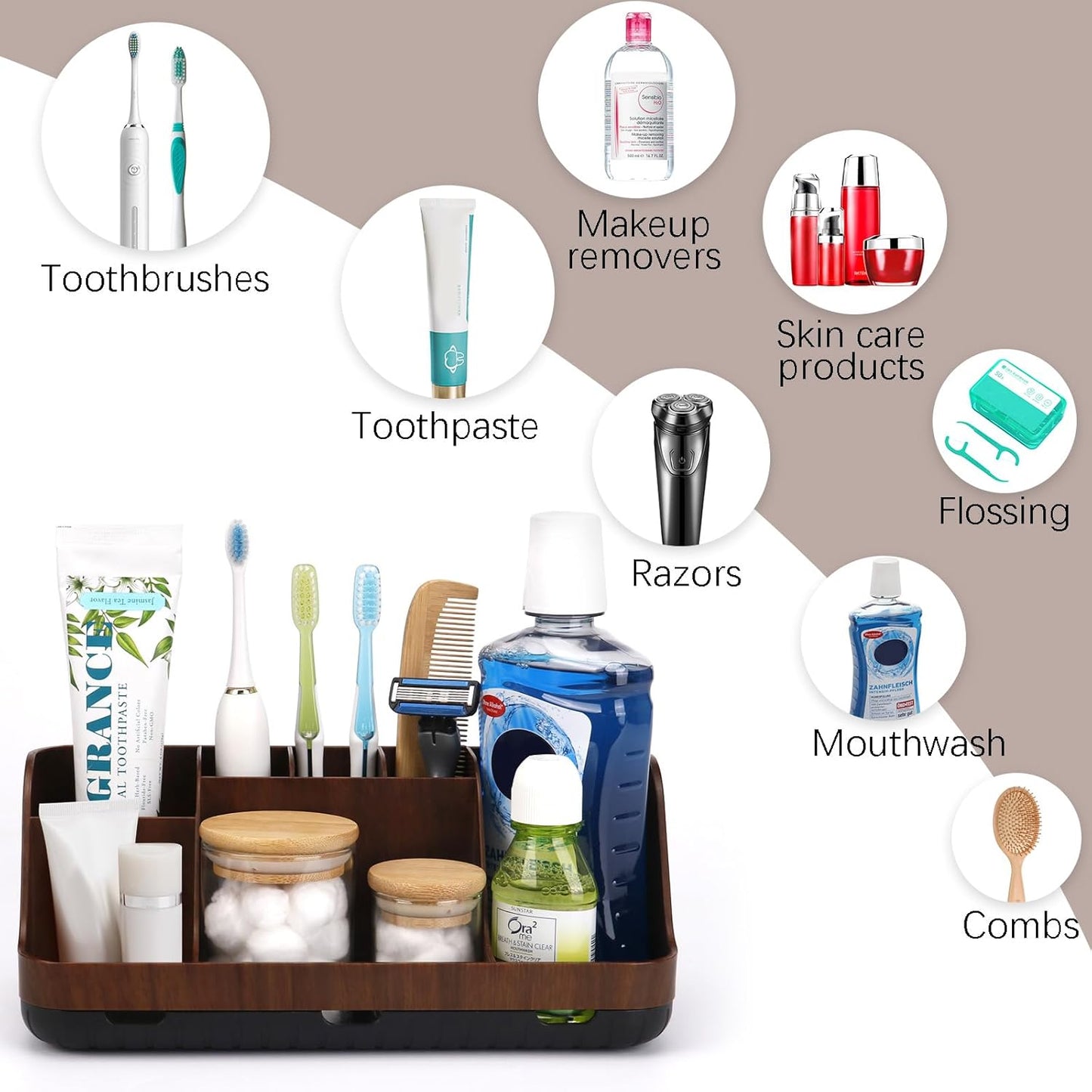 Wood Toothbrush Holders for Bathrooms Countertop Organizer - Detachable 7 Slots Kid Bathroom Decor and Accessories, Wooden Bathroom Sink Storage Organization, Caddy, Tray, Brown