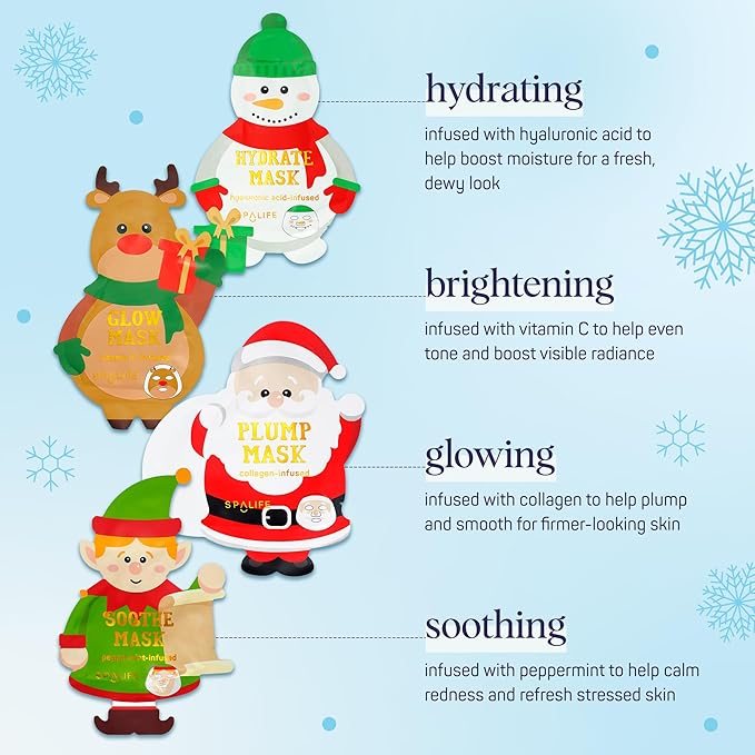 SpaLife Beauty Santa’s Workshop Christmas Face Mask Bundle | Korean Facial Masks | Hydrating, Soothing and Firming Sheet Mask Set | Christmas Face Masks for Women | Spa Party Favors | 12 Pack