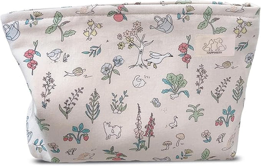 HAPPYHEIDI Large Floral Cotton Makeup Bag Cosmetic Travel Pouch, Make Up Purse Organizer, Canvas Lined Cute Creamy White
