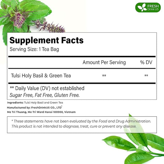 FreshDrinkUS, Premium 55 Tulsi Green Tea Bags, 100% Natural, Blend of Tulsi Holy Basil Leaves, and Green Tea Leaves. Made with Natural Material Tea Bags. No Sugar, Vegan.