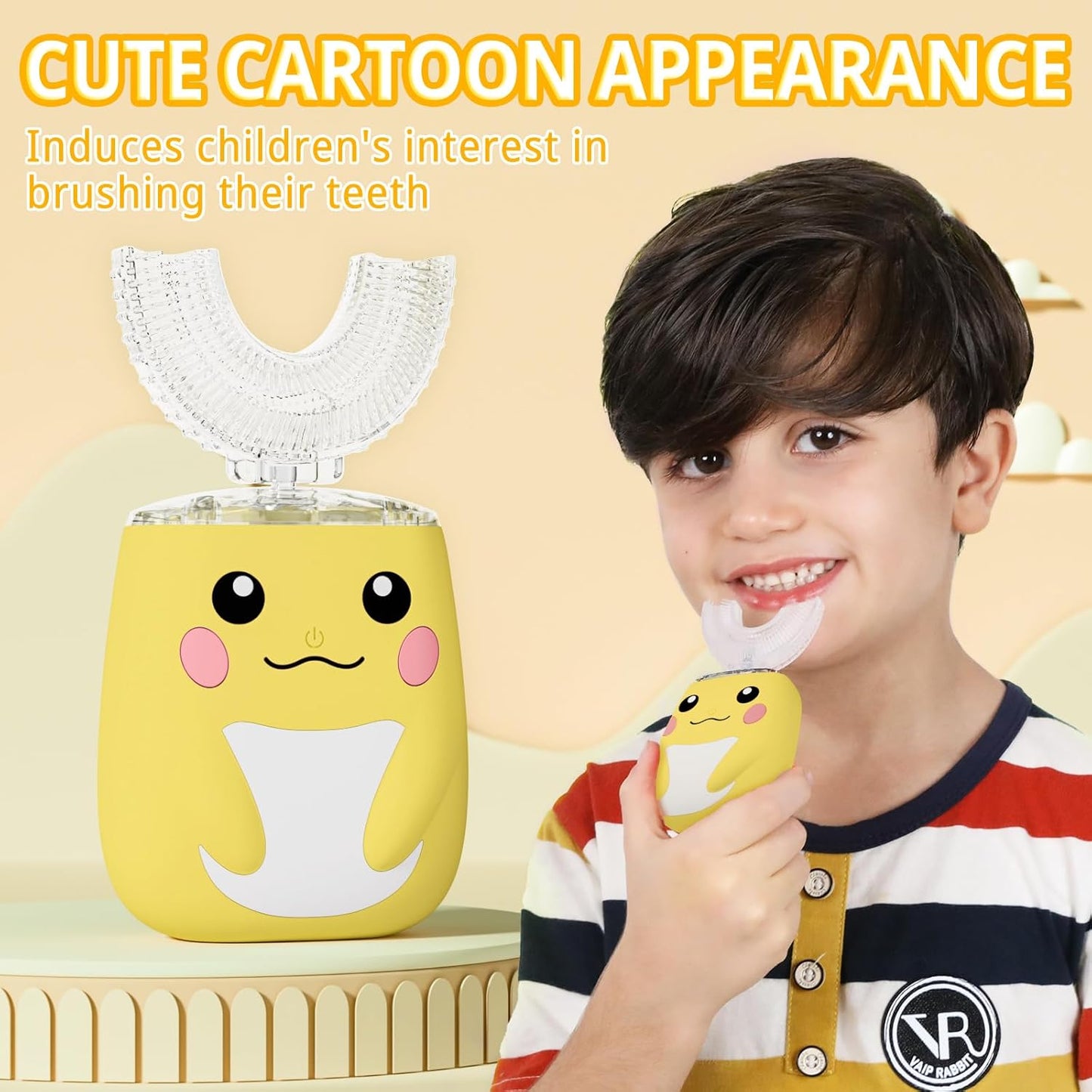 Kids Electric U Shaped Toothbrush Children Rechargeable Sonic Toothbrush with 6 Soft Brush Head Automatic Full Mouth 6 Cleaning Modes -Age2-7 Yellow