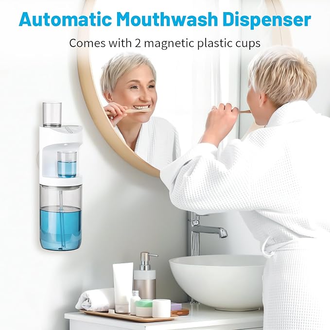 Automatic Mouthwash Dispenser, 19.35oz Touchless Electric Wall-Mounted & Countertop, Rechargeable Mouth Wash Dispensers for Bathroom with Magnetic Cups for Kids & Adults, White
