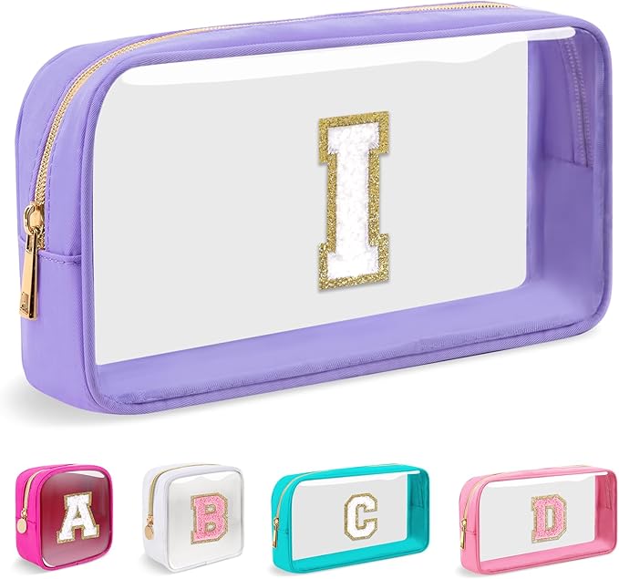 Small Clear Personalized Initial Makeup Bag,Nylon Preppy A-Z Chenille Letter Patch Cosmetic Pouch Beach Toiletry Bag,Waterproof Zip Travel Purse Storage Bag Organizer for Women Girls(Purple-White I)