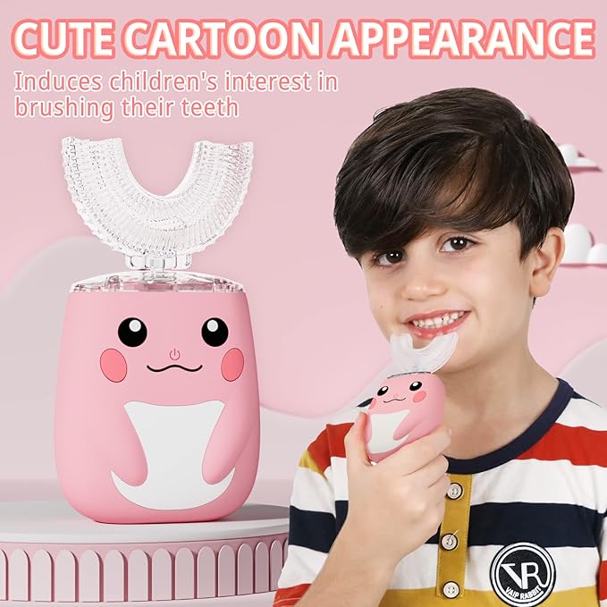 Kids Electric U Shaped Toothbrush Children Rechargeable Sonic Toothbrush with 6 Soft Brush Head Automatic Full Mouth 6 Cleaning Modes -Age8-15 Pink