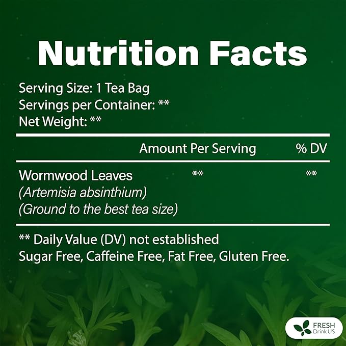 FreshDrinkUS, Premium Wormwood Tea - 40 Tea Bags - Handcrafted Herbal Blend, Caffeine-Free – Smooth Taste & Naturally Refreshing.