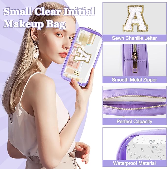 Small Clear Personalized Initial Makeup Bag,Nylon Preppy A-Z Chenille Letter Patch Cosmetic Pouch Beach Toiletry Bag,Waterproof Zip Travel Purse Storage Bag Organizer for Women Girls(Purple-White A)