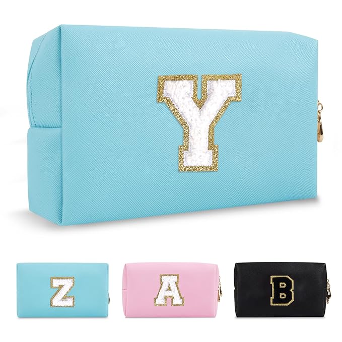 Small Personalized Initial A-Z Preppy Patch Makeup Bag,PU Chenille Letter Travel Cosmetic Pouch with Zipper,Blue Cute Toiletry Bag,Gift Ideal for Teen Girls Women Teacher Bridesmaid,Letter Y