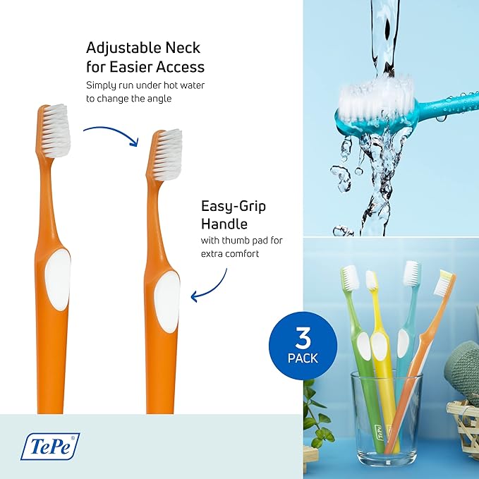 TePe Supreme Toothbrush, Soft Bristle Toothbrush, Tapered Brush Head for Sensitive Teeth and Gum Care, Adult, 3 Pack