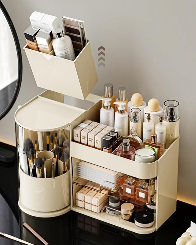 Makeup Organizer with Rotating Brush Holder Cosmetic Organizer with Drawers Countertop Skincare Organizer for Vanity,Cosmetic Display Case Storage (Cream, Large)