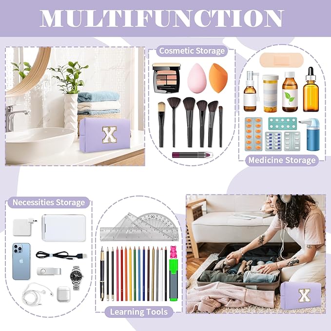 Personalized Makeup Bag Initial A-Z Preppy Patch Bag,Small PU Leather Travel Cosmetic Bag Pouch with Zipper,Purple Cute Toiletry Bag,Gift Ideal for Teen Girls Women Birthday Friend Mom,Latter X