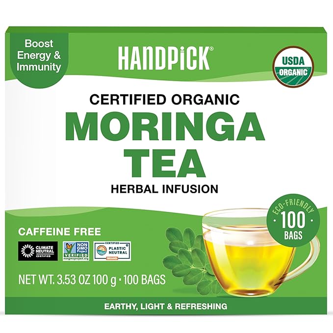 HANDPICK, Organic Moringa Tea Bags (100 Count), Pure Moringa Leaves | Authentic Indian Origin | Caffeine Free, Non GMO | Earthy, Light & Refreshing | Round Eco-conscious Teabags