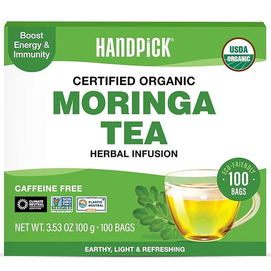 HANDPICK, Organic Moringa Tea Bags (100 Count), Pure Moringa Leaves | Authentic Indian Origin | Caffeine Free, Non GMO | Earthy, Light & Refreshing | Round Eco-conscious Teabags