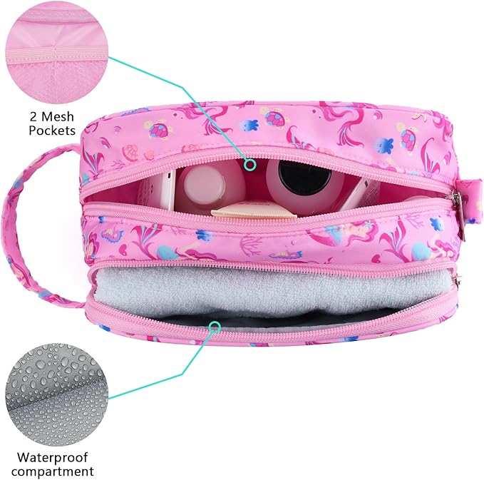 Mermaid Kids Toiletry Bag for Girls, Travel Toiletry Bag for Little Young Girls Cosmetic Bag Makeup Bag Waterproof Hanging Wash Bag Toddler Toiletries, Pink