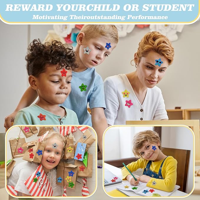 700Pcs Smiley Face Star Stickers for Kids Reward, 1inch 8 Colored Sparkly Foil Expression Stickers for Student Planner and School Classroom Teacher Supplies 3.15inch in Diameter per roll