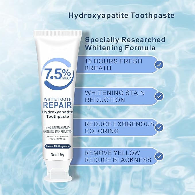 2pcs 7.5% Hydroxyapatite Toothpastes for Enamel Protection and Tooth Strengthening, 7.5% Nano Hydroxyapatite Toothpaste White Tooth Repair, Fluoride-Free, Gentle Mint, Fresh Breath